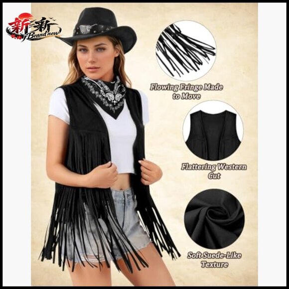Faux Suede Cowgirl Costume Set with Fringe Vest Hat Bandana